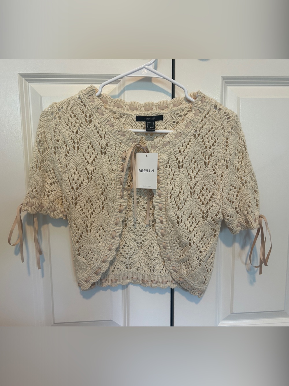Forever 21 Cream Crochet Tie-Detail Short Cardigan